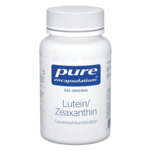 Weißer Kunststoffbehälter mit Schraubverschluss, beschriftet mit "pure encapsulations Lutein/Zeaxanthin".