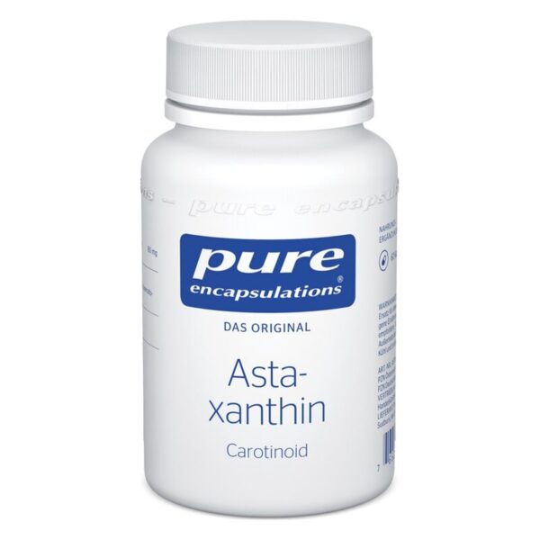 Weißes Fläschchen mit einem blauen Etikett, das Astaxanthin-Kapseln von Pure Encapsulations zeigt.