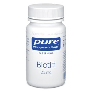 Weißer Kunststoffbehälter mit einem Schraubverschluss, der Biotin mit 2,5 mg enthält und das Logo von Pure Encapsulations zeigt.