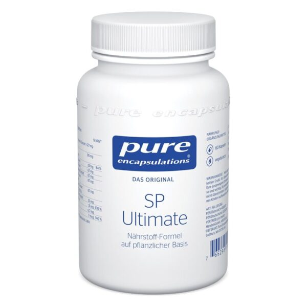 Weißer Kunststoffbehälter mit Schraubdeckel, sorgt für Nahrungsergänzungsmittel mit der Aufschrift 'SP Ultimate'.