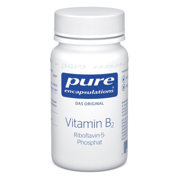 Weißes Fläschchen mit Schraubverschluss, etikettiert mit 'Vitamin B2 Riboflavin-5-Phosphat' von Pure Encapsulations.