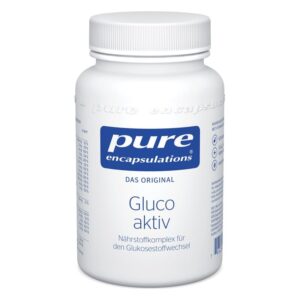 Weißer Kunststoffbehälter mit Schraubverschluss, beschriftet mit 'Gluco aktiv' von Pure Encapsulations.