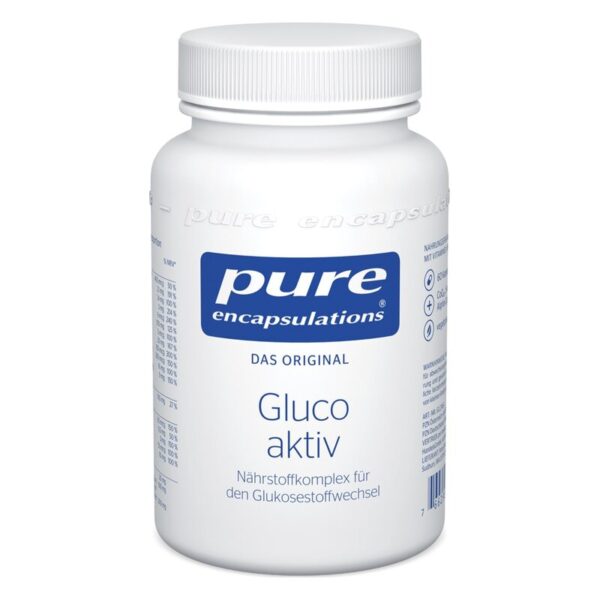 Weißer Kunststoffbehälter mit Schraubverschluss, beschriftet mit 'Gluco aktiv' von Pure Encapsulations.