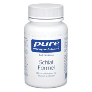 Weißer Kunststoffbehälter mit Schraubverschluss, etikettiert als "Schlaf Formel" von pure encapsulations.