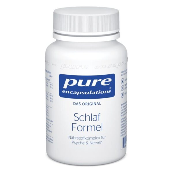 Weißer Kunststoffbehälter mit Schraubverschluss, etikettiert als "Schlaf Formel" von pure encapsulations.
