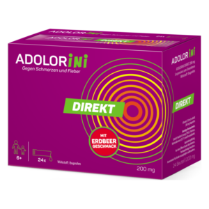 Paket von ADOLORiNI gegen Schmerzen und Fieber, mit Erdbeergeschmack, 200 mg, zur Anwendung für Kinder ab 6 Jahren.