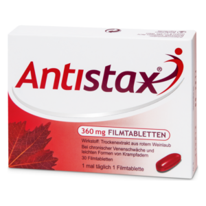 Verpackung von Antistax, 360 mg Filmtabletten, zur Unterstützung bei venöser Schwäche, mit rotem Weinlaub-Extrakt.