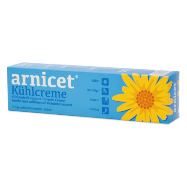 Verpackung der arnicet Kühlcreme mit blauer Grundfarbe und gelber Blume, 100 ml, zur Beruhigung und Kühlung von Haut.