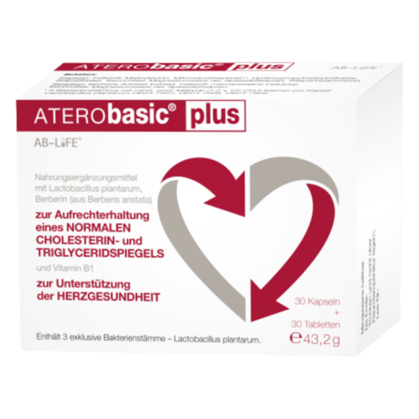 Packung von ATERObasic plus, einem Nahrungsergänzungsmittel zur Unterstützung der Herzgesundheit mit Kapseln und Tabletten.