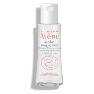 Durchsichtige Flasche mit weißem Deckel, enthält Mizellen Reinigungs lotion von Avène für empfindliche Haut.
