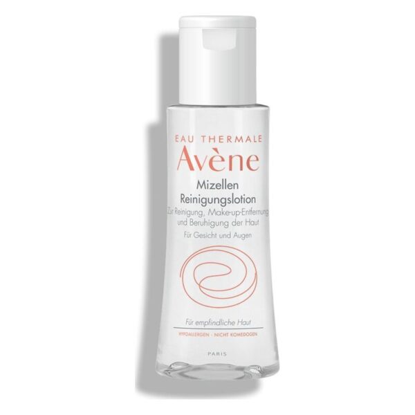 Durchsichtige Flasche mit weißem Deckel, enthält Mizellen Reinigungs lotion von Avène für empfindliche Haut.
