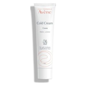 Eine Tube Avène Cold Cream, die für sehr trockene und empfindliche Haut formuliert ist, mit dem Hinweis auf Pflege und Schutz.