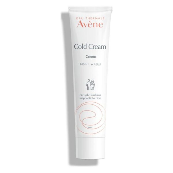 Eine Tube Avène Cold Cream, die für sehr trockene und empfindliche Haut formuliert ist, mit dem Hinweis auf Pflege und Schutz.