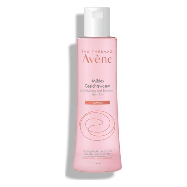 Flasche mit milder Gesichtswasser-Lotion in rosa Verpackung, zur Hautberuhigung und Erfrischung.