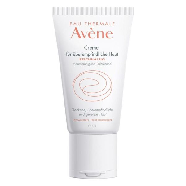 Tube mit Avène Creme für überempfindliche Haut, schützend und beruhigend, in einem weißen Design mit orangefarbenen Akzenten.