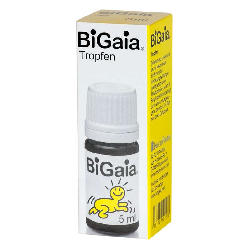 Pappschachtel mit BiGaia Tropfen, 5 ml, gelbes Design mit einem lächelnden Kindermotiv