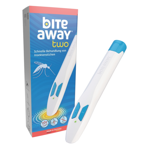 Insektenstichbehandlungsgerät bite away two in einer blauen und weißen Verpackung, die Anwendungsanleitungen zeigt.