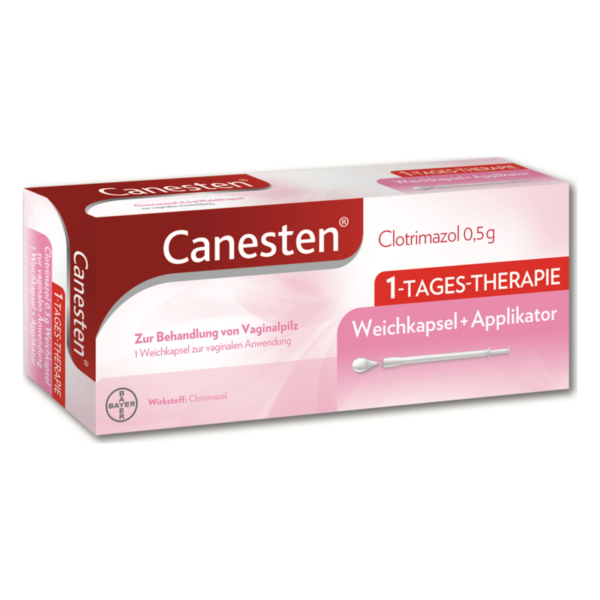 Packung von Canesten 1-Tages-Therapie mit Weichkapsel und Applikator zur Behandlung von Vaginalpilz.