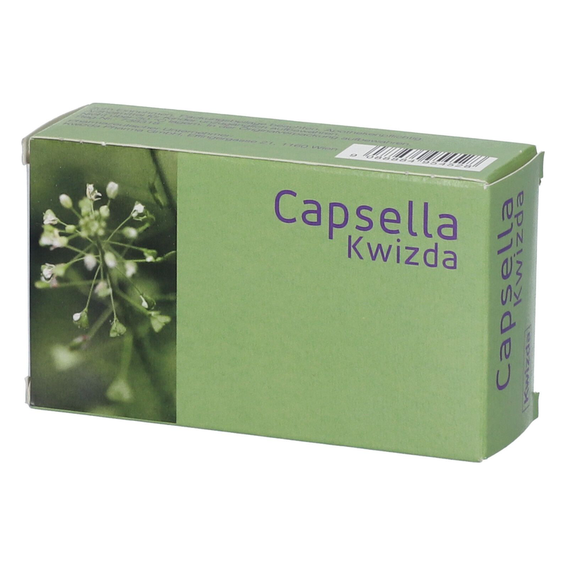 Kartonverpackung in sanftem Grün mit der Aufschrift "Capsella Kwizda" und einer Abbildung einer Pflanzenblüte.