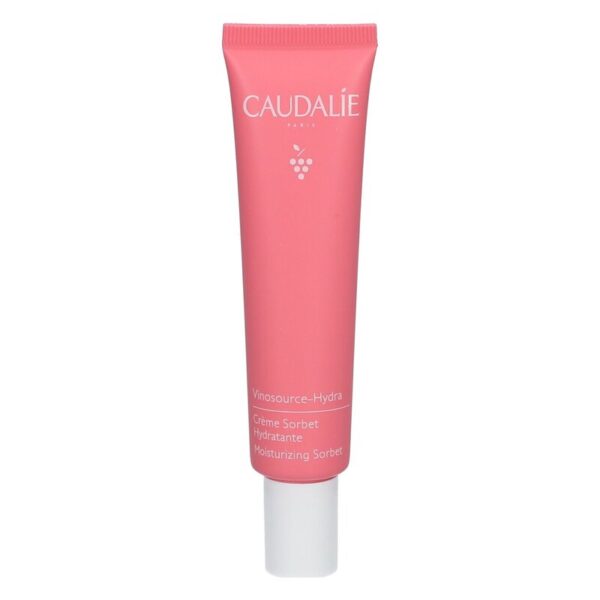 Rosa Tube mit Feuchtigkeitscreme von Caudalie, Beschriftung: Vinosource-Hydra, Crème Sorbet Hydratante.