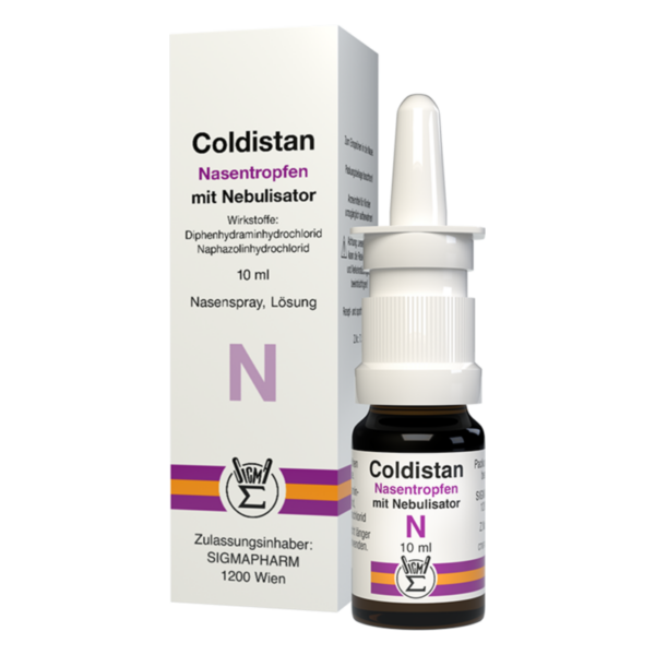 Coldistan Nasentropfen in einer braunen Flasche mit Sprühaufsatz, verpackt in einer weißen Box mit lila Schrift.