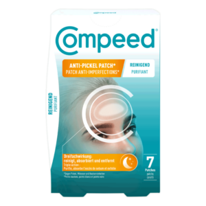 Verpackung von Compeed Anti-Pickel Patches mit blauer Hintergrundfarbe und Informationen zur reinigenden Wirkung.