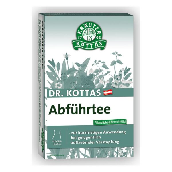 Verpackung von Dr. Kottas Abführtee, einem pflanzlichen Arzneimittel gegen gelegentliche Verstopfung.