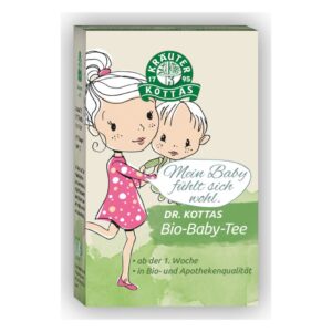 Verpackung des Bio-Baby-Tees von Dr. Kottas mit einem Kind und einer lächelnden Mutter im Illustrationsstil.