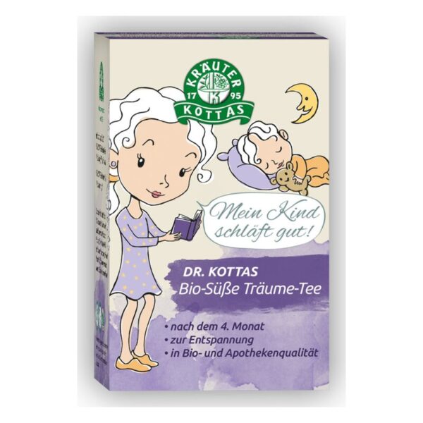 Verpackung für Bio-Süße Träume-Tee von Dr. Kottas mit geschäftigem Illustrationsmotiv eines Kindes und entspannender Nachtgestaltung.