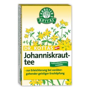 Verpackung von Dr. Kottas Johanniskrauttee mit gelben Blumen, Hinweis auf traditionelle Anwendung gegen Erschöpfung.