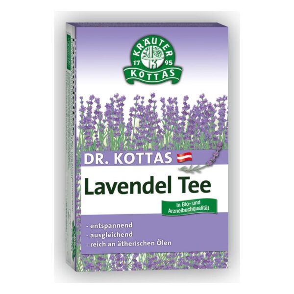 Verpackung von Dr. Kottas Lavendel Tee mit lila Lavendelblüten und Beschreibung der entspannenden Wirkung.