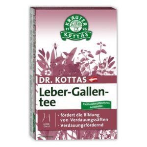 Verpackung von Dr. Kottas Leber-Gallen-Tee mit Pflanzenillustrationen und Hinweisen zur Förderung der Verdauung.