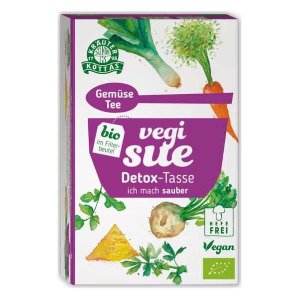 Verpackung eines Bio-Gemüse-Tees mit dem Namen "vegi sue Detox-Tasse" im Filterbeutel, umgeben von Illustrationen von Gemüse.