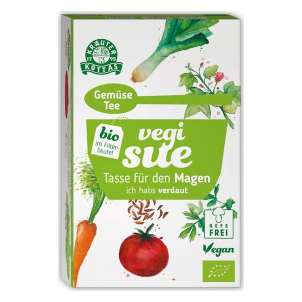 Verpackung für bio Gemüse Tee im Filterbeutel mit Illustrationen von Gemüse und der Aufschrift 'vegi sue' und veganem Siegel.