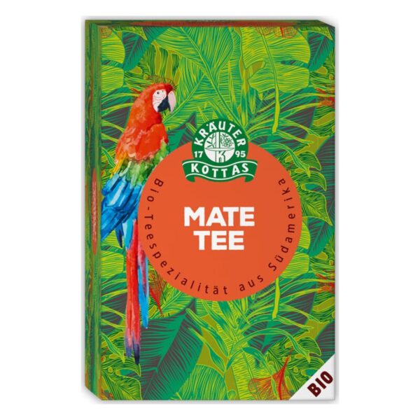 Verpackung von Bio-Mate-Tee mit einem bunten Papagei und grünen Blättern im Hintergrund.