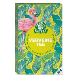 Verpackung für BIO-Verveine-Tee mit buntem, blattgrünem Design und pinkem Flamingo.