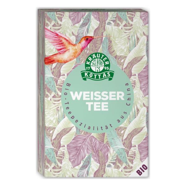 Verpackung von Kräuter Kottas weißem Bio-Tee mit einem bunten Vogel und Blättern auf dem Design.