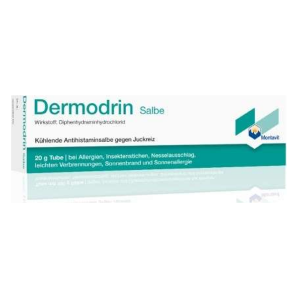 Tube mit Dermodrin Salbe, kühlende Antihistaminsalbe gegen Juckreiz, enthält Diphenhydraminhydrochlorid.