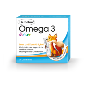Verpackung von Dr. Böhm Omega 3 Junior mit einem Fuchs, bewirbt Lern- und Denkfähigkeit, fruchtiger Geschmack, 30 Direktsticks.