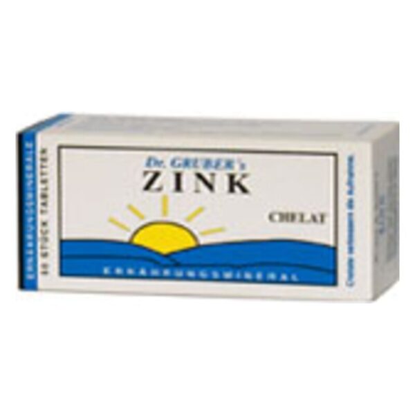 Packung mit Zinktabletten von Dr. Gruber, abgebildet vor sonnigem Hintergrund, informativ gestaltet.