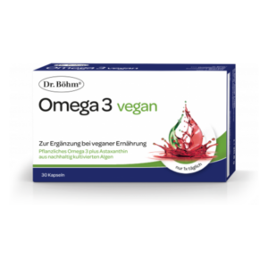 Verpackung von Dr. Böhm Omega 3 vegan Kapseln mit Beschreibung zur pflanzlichen Ergänzung bei veganer Ernährung.