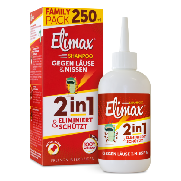 Elimax Shampoo im Family Pack, 250 ml, gegen Läuse und Nissen, in weißem Flakon mit orange-roter Verpackung.