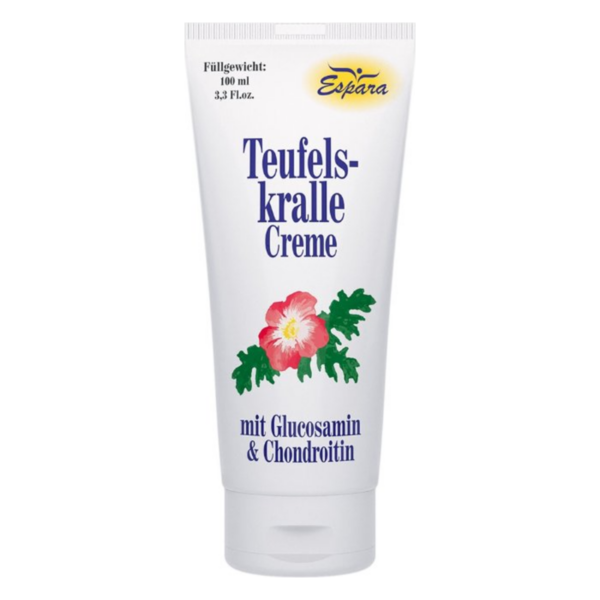 Weiße Tube mit Aufschrift "Teufelskralle Creme" und einer Blüte, Inhalt 100 ml, enthält Glucosamin und Chondroitin.