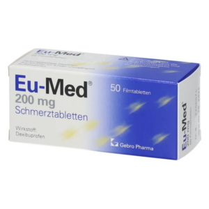 Verpackung von Eu-Med 200 mg Schmerztabletten, 50 Filmtabletten, mit Hinweis auf den Wirkstoff Dexibuprofen.