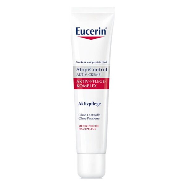 Eucerin AtopiControl aktiv Creme in einer weißen Tube mit rotem und blauen Schriftzug, für trockene Haut.