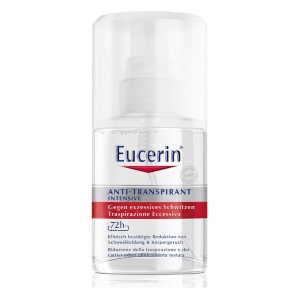 Eucerin Anti-Transpirant in einem transparenten Pumpflakon, der gegen exzessives Schwitzen wirkt.