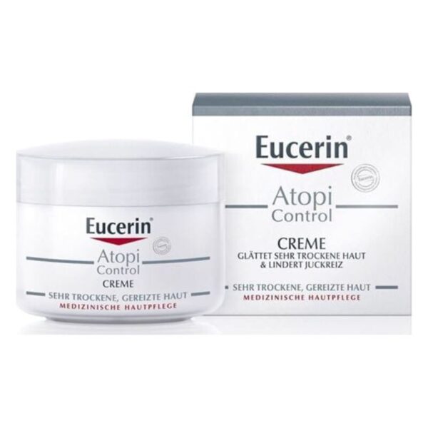 Eucerin Atopi Control Creme in einem weißen Tiegel mit einer Verpackung, die medizinische Hautpflege anzeigt.