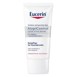 Eucerin AtopiControl Gesichtscreme in einer weißen Tube mit blauem Text, empfohlen bei Neurodermitis.