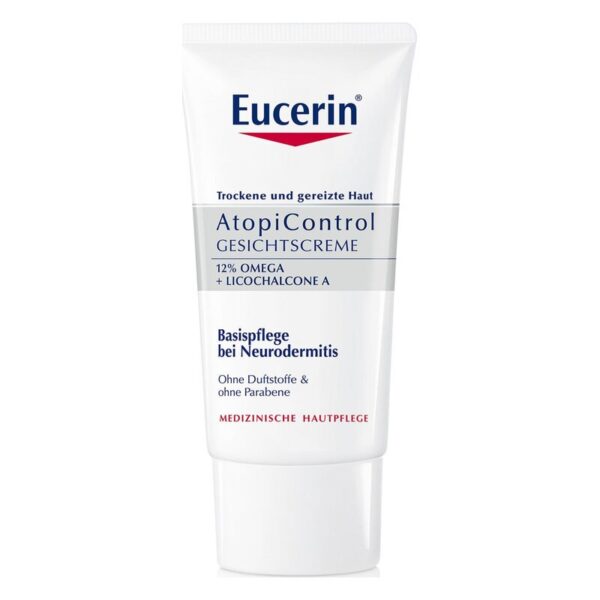 Eucerin AtopiControl Gesichtscreme in einer weißen Tube mit blauem Text, empfohlen bei Neurodermitis.