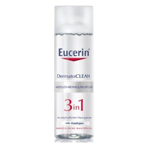 Eucerin DermatoCLEAN Mizellen-Reinigungsfluid in transparenter Flasche mit weißem Deckel, für empfindliche Haut geeignet.